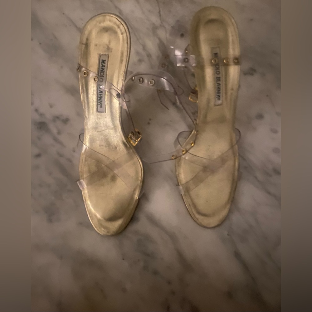 Manolo Blahnik heels with PVC straps in gold color. see photos before you buy